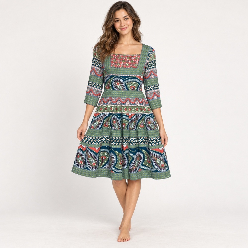 Gretchen Scott Mixed Print Tiered Dress XS Square Neck 3/4 Sleeve Resort Boho